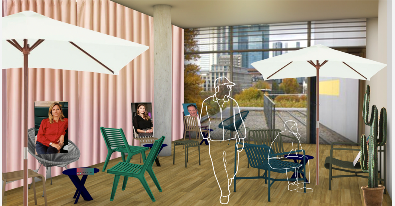Zeichnung von einer Café-Szene. Bildschirme mit Portraits sitzen auf den Stühlen.